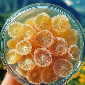 May include: A glass jar filled with small, delicate, orange-colored mushrooms. The mushrooms have a unique, frilly texture and are arranged in a cluster.