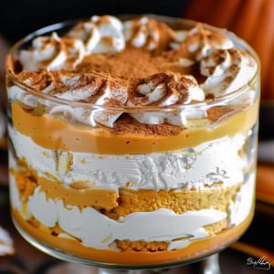 Puede incluir: Un postre en capas en un cuenco de vidrio transparente. El postre presenta capas alternas de crema naranja y blanca, cubiertas con crema batida y una pizca de especias marrones. Es un trifle de calabaza.