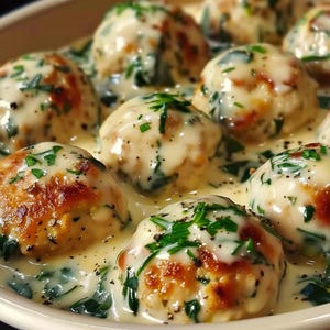Almôndegas gourmet de frango assado com ricota e molho Alfredo de espinafre - Receita para download