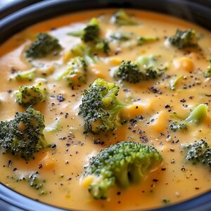 Puede incluir: Primer plano de una sopa cremosa, de color amarillo anaranjado, con grandes trozos de floretes de br&oacute;coli verde brillante. La sopa est&aacute; en un cuenco azul oscuro y espolvoreada con pimienta negra. El plato parece ser una abundante sopa de br&oacute;coli y queso.