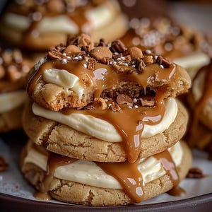Puede incluir: Primer plano de tres galletas cubiertas de caramelo con relleno de crema blanca. La galleta superior está parcialmente mordida, revelando el interior. Las galletas están adornadas con nueces picadas, trozos de chocolate y chispas.