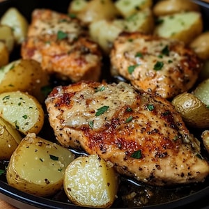 Receta de pollo con parmesano, ajo y papas – Tarjeta imprimible para cena familiar
