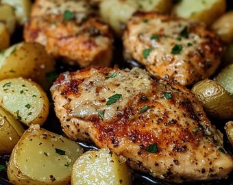 May include: A close-up of a dish of roasted chicken breasts with potatoes. The chicken is seasoned with herbs and spices and has a golden brown crust. The potatoes are roasted until tender and have a crispy exterior.