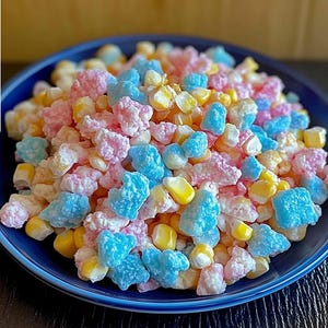 Könnte beinhalten: Ein blauer Teller gefüllt mit einem bunten Snack-Mix aus blauem, rosa und gelbem, zuckerüberzogenem Popcorn und Cerealien.