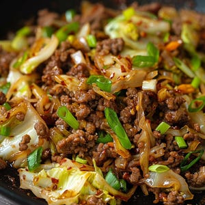 Puede incluir: Un primer plano de un plato de fideos salteados con carne picada, col, cebolla verde y copos de pimiento rojo. El plato se cocina en una sartén oscura y parece estar sazonado con salsa de soja.