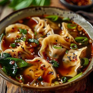 Puede incluir: Primer plano de un cuenco de sopa de albóndigas. El caldo oscuro contiene varias albóndigas doradas, adornadas con cebolletas y semillas de sésamo. Las albóndigas parecen estar rellenas de un relleno sabroso. El cuenco es gris.