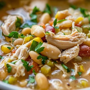 Könnte beinhalten: Nahaufnahme einer herzhaften Suppe in einer weißen Schüssel. Die Suppe enthält weiße Bohnen, Hühnchen, rote Bohnen, Mais, Karotten und grüne Kräuter. Die Brühe hat eine hellbraune Farbe.