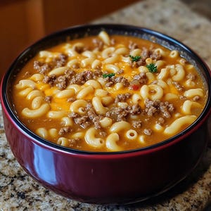 May include: A close-up of a bowl of macaroni cheese with ground beef and a tomato-based sauce. The macaroni is cooked al dente and the cheese is melted and gooey. The dish is garnished with parsley.
