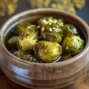 Peut inclure: Gros plan sur un bol en céramique marron rempli de choux de Bruxelles cuits dans un liquide clair. Les choux sont d'un vert vif, parsemés de graines de sésame. Le bol a un aspect texturé et terreux.