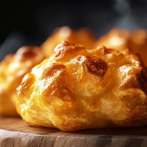 Pode incluir: Close-up de um produto assado de cor castanho dourado, fofo e ligeiramente crocante. O pão está sobre uma superfície de madeira.