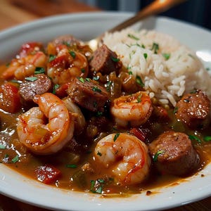 May include: A close-up shot of a white bowl filled with a hearty stew. The stew features large shrimp, sausage slices, and a bed of white rice. Garnished with fresh herbs, the dish is a vibrant display of colors and textures.