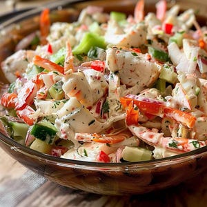 May include: A seafood salad in a clear glass bowl. The salad contains crab meat, red peppers, green cucumber, and a creamy white dressing. The ingredients are mixed and garnished with herbs. The bowl sits on a wooden surface.