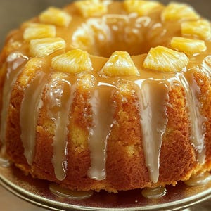 May include: A golden yellow bundt cake topped with pineapple slices and a caramel glaze. The cake is on a silver cake stand.