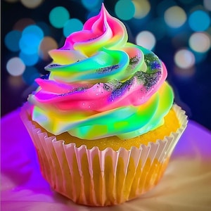 May include: A single cupcake with rainbow-colored frosting and a yellow cake base. The frosting is swirled with pink, yellow, green, and blue hues, and sprinkled with glitter. The cupcake sits in a white paper liner.