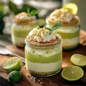 Puede incluir: Tres frascos de vidrio llenos de un postre de lima en capas. El postre tiene una base de galletas graham, un relleno de lima verde, una capa de crema batida y una pizca de migas de galletas graham. Hay rodajas de lima sobre una superficie de madera.