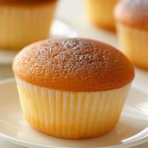 以下が含まれることがあります： 白いお皿にのった、粉砂糖をまぶした金茶色のカップケーキのクローズアップ。カップケーキは白い紙のカップに入っています。他のカップケーキは背景に少しぼやけています。