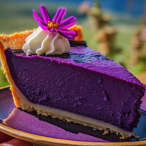 May include: A slice of purple pie with a golden crust, topped with whipped cream and a vibrant purple flower. The pie sits on a dark plate, with a blurred green background.