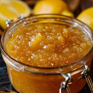 May include: A jar of golden-yellow lemon marmalade with a thick, textured consistency. The marmalade contains visible pieces of fruit. The clear glass jar has a metal clasp. Lemons are visible in the background.