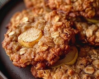 May include: Close-up of several oatmeal cookies with slices of fruit. The cookies are golden brown with visible oats and fruit pieces. The cookies are on a dark brown plate, creating a warm and inviting image.