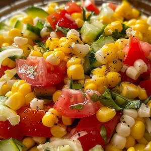Puede incluir: Primer plano de una ensalada con granos de maíz, tomates rojos, pepinos y hierbas verdes. La ensalada está sazonada con pimienta negra.