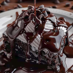 Op de afbeelding: Een stuk chocoladecake op een wit bord, rijkelijk overgoten met glanzende chocoladesaus. De cake is gegarneerd met chocoladechips en er wordt meer saus overheen gegoten. Verspreide chocoladechips op de achtergrond.