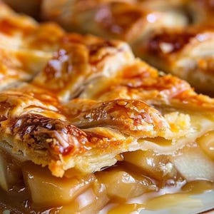 May include: Close-up of a slice of apple pie with a golden, flaky crust. The pie filling is made of sliced apples in a sweet, syrupy sauce. The crust is baked to a rich, brown color, with a lattice design on top. A delicious dessert.