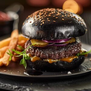 Może przedstawiać: Czarny burger z bułką sezamową, wołowiną, czerwoną cebulą, ogórkami kiszonymi i rukolą, podany na ciemnym talerzu z frytkami. Apetyczny i dobrze prezentujący się posiłek.