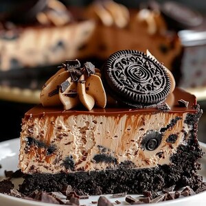 May include: A slice of chocolate cheesecake with a dark chocolate cookie crust, a creamy filling with cookie pieces, and a chocolate ganache topping. Garnished with whipped cream, chocolate shavings, and a chocolate sandwich cookie.