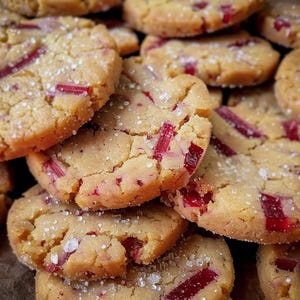 Könnte beinhalten: Nahaufnahme eines Haufens frisch gebackener Kekse. Die Kekse sind hellbraun, mit roten Rhabarberstücken und groben weißen Zuckerkristallen bestreut. Ein köstlicher Leckerbissen.