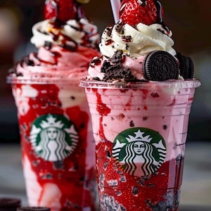 May include: Two Starbucks strawberry frappuccinos in clear plastic cups. Each drink is topped with whipped cream, a fresh strawberry, and chocolate syrup. Oreo cookie pieces and whole cookies are visible.