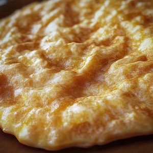 May include: Close-up of a golden yellow, slightly textured, round food item. The surface has a slightly bubbly appearance.