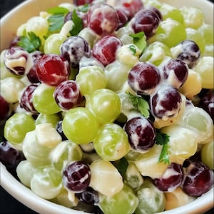 May include: A close-up of a bowl of green and red grapes covered in a creamy sauce. The grapes are arranged in a random pattern and some parsley sprigs are visible.