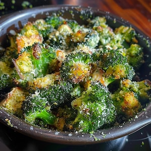 Op de afbeelding: Een close-up van geroosterde broccoliroosjes in een donkere kom. De broccoli is heldergroen met enkele bruine randen en is bestrooid met geraspte kaas. Het gerecht ziet er vers bereid uit.