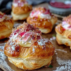 Pode incluir: Close-up de vários pastéis com camadas douradas e escamosas. Cada pastelaria é coberta com chantilly, molho rosa e pedaços vermelhos e castanhos picados. Açúcar de confeiteiro polvilhado ao redor da base. Uma tigela de molho rosa no fundo.
