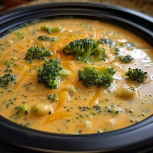 Puede incluir: Primer plano de sopa cremosa de br&oacute;coli y queso cheddar en un cuenco negro. La sopa es de color naranja vibrante, con trozos visibles de floretes de br&oacute;coli y queso cheddar rallado. La sopa parece espesa y rica.
