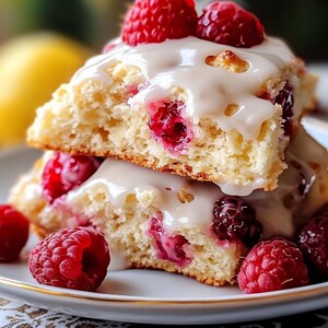 Puede incluir: Dos scones de frambuesa apilados en un plato blanco con borde dorado. Los scones están cubiertos con glaseado blanco y frambuesas frescas. Los productos horneados son de color claro, con frambuesas visibles. Un limón es visible en el fondo.