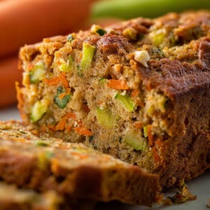 Puede incluir: Primer plano de un pan de zanahoria y calabacín, con rebanadas visibles. El pan tiene una corteza dorada y está relleno de zanahorias ralladas y calabacín verde. Es un producto de panadería.