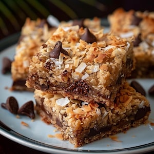 May include: Close-up of coconut chocolate chip bars on a light blue plate. The bars are layered with chocolate chips, shredded coconut, and chocolate shavings. The bars have a golden-brown color and are stacked on top of each other.