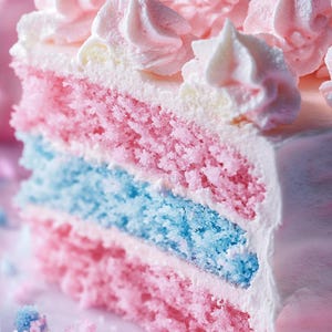 Può includere: Primo piano di una torta a strati con glassa rosa e blu. La torta è decorata con riccioli di glassa bianca.