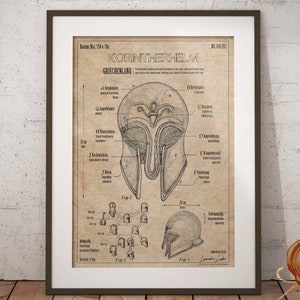 Könnte beinhalten: Eine Illustration im Vintage-Stil eines Korintherhelms, einer Art antiker griechischer Helm, mit beschrifteten Teilen und Diagrammen. Der Text lautet "Korintherhelm Griechenland".
