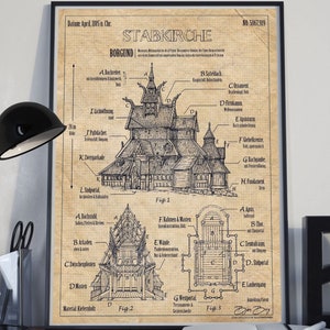 Puede incluir: Un dibujo técnico de estilo vintage de una iglesia de madera, etiquetada como "Stabkirche Borgund." El dibujo muestra el exterior, el interior y los cimientos de la iglesia. El dibujo está fechado en "abril de 185n. d. C." y numerado como "No. 5067,919."