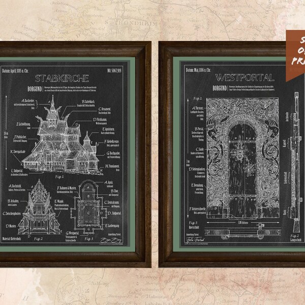 Set Patent Print Stave Church Norway, poster + picture, archaeology + viking, art + history, vintage + wall decor, illustration Borgund