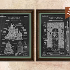 Puede incluir: Dos dibujos arquitectónicos en blanco y negro en marcos. El primer dibujo es de una iglesia llamada "Stabkirche" en Borgund, Noruega. El segundo dibujo es de un portal de iglesia llamado "Westportal" en Borgund, Noruega.