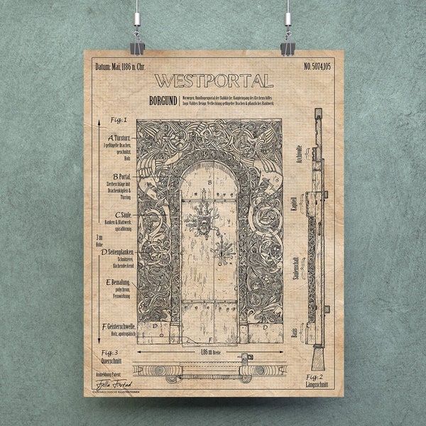 Patent Print Stave Church Portal Norway, poster + picture, archaeology + viking, art + history, vintage + wall decor, illustration