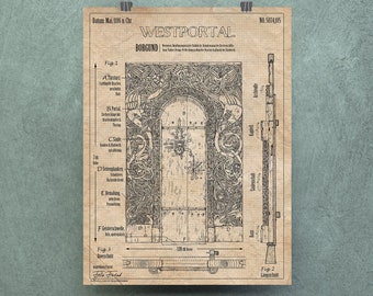 Poster Stabkirche Portal Norwegen, Patent Print + Bild, Illustration Borgund, Archäologie + Wikinger, Architektur + Zeichnung, Wanddeko