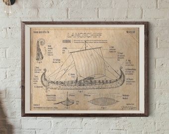 Pôster do navio Oseberg, pedido de patente + impressão, arqueologia + vikings, arte + história, vintage + decoração de parede, ilustração + Noruega