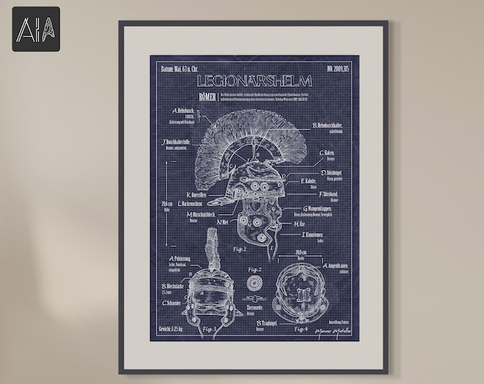 Poster Roman Helmet, Patent Application + Print, Archaeology + Art, History + Science, Vintage + Wall Decoration, Illustration + Rome