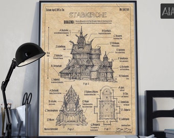 Igreja de madeira escandinava – Ilustração arquitetônica em estilo vintage de impressão de patente – Impressão artística sobre a história viking como decoração de parede, Borgund