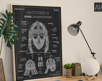 Poster Sutton Hoo Helm, Patent Print + Bild, Mittelalter + England, Archäologie + Kunst, Geschichte + Wissenschaft, Schiffsgrab + Wanddeko