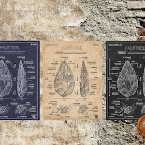Pode incluir: Tr&ecirc;s ilustra&ccedil;&otilde;es de estilo vintage de machados de m&atilde;o, tamb&eacute;m conhecidos como ferramentas de pedra de m&atilde;o, com diagramas detalhados e etiquetas em alem&atilde;o. As ilustra&ccedil;&otilde;es est&atilde;o sobre um fundo azul, bege e preto.